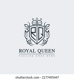 Royal Queen Letter R Q Logo Vector , Line Art Style Shield Logo.