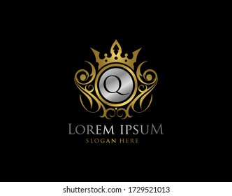 Royal Queen Q Letter Gold Logo, Golden Q Classic Crown.