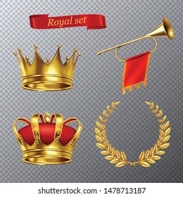 Royal realistic set of king crowns  laurel wreath  trumpet with flag isolated on transparent background vector illustration