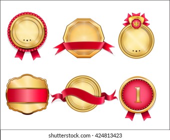 Royal, Realistic, Vector badges and gold ribbon banners, for your design project. Golden badges. Red labels