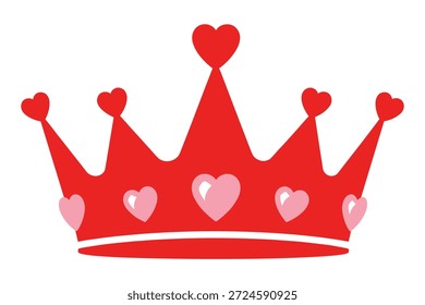 Diseño de la corona roja real decorado con joyas en forma de corazón rosa Ilustración vectorial