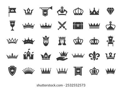 Royal and Regal icons. Crown silhouette, kingdom throne and castle, King coronation and Queen luxury stencil pictograms. Majestic heraldic elements vector set.