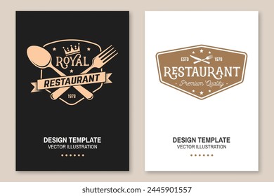 Royal Restaurant poster design. Vector Illustration. Vintage graphic design for logotype, label, badge with crown, plate, kitchen knife, fork and spoon. Cooking, cuisine logo for menu restaurant or