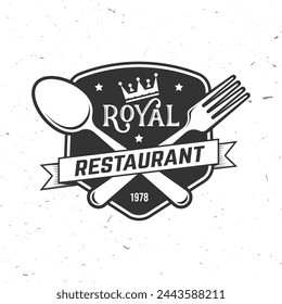 Royal Restaurant shop, menu logo. Vector Illustration. Vintage graphic design for logotype, label, badge with crown, fork and spoon. Cooking, cuisine logo for menu restaurant or cafe.