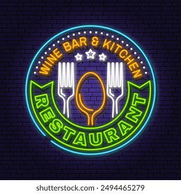 Royal Restaurant shop, menu logo. Vector. Neon glowing sign with plate, fork and spoon. Cooking, cuisine logo for menu restaurant or cafe.