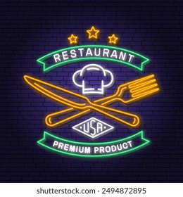 Royal Restaurant shop, menu logo. Vector. Neon glowing sign with chef hat, fork and knife. Cooking, cuisine logo for menu restaurant or cafe.