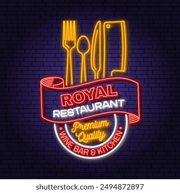 Royal Restaurant shop, menu logo. Vector. Neon glowing sign with crown, plate, kitchen knife, fork and spoon. Cooking, cuisine logo for menu restaurant or cafe.