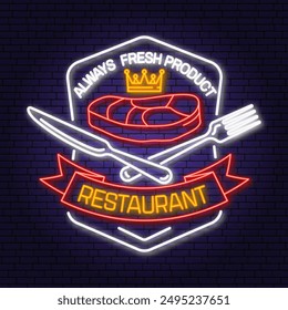 Royal Restaurant shop, menu logo. Vector. Neon glowing sign with steak, fork and knife. Cooking, cuisine logo for menu restaurant or cafe.