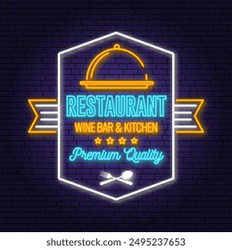 Royal Restaurant shop, menu logo. Vector. Neon glowing sign with cloche with lid, fork and knife. Cooking, cuisine logo for menu restaurant or cafe.