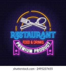 Royal Restaurant shop, menu logo. Vector. Neon glowing sign with empty plate, fork and spoon. Cooking, cuisine logo for menu restaurant or cafe.