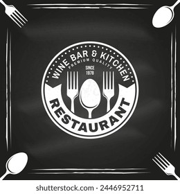 Royal Restaurant shop, menu on the chalkboard. Vector Illustration. Vintage graphic design for logotype, label, badge with plate, fork and spoon. Cooking, cuisine logo for menu restaurant or cafe.