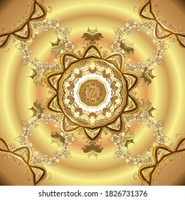 Royal retro on beige and yellow colors. Seamless pattern golden elements. Floral classic texture. Design vintage for card, wallpaper, wrapping, textile. Gold template. Vector illustration.