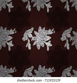Royal retro on brown background. Design vintage for card, wallpaper, wrapping, textile. Floral classic texture. White template. Vector illustration. Seamless pattern white elements.