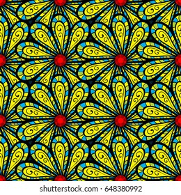 Royal retro on dark blue background. Floral classic texture. Vector illustration. Colorful template. Design vintage for card, wallpaper, wrapping, textile. Seamless pattern colorful elements.