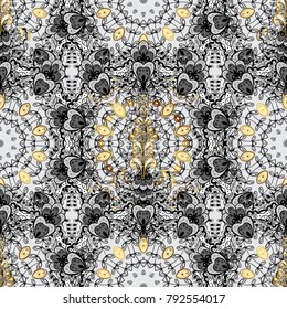 Royal retro on gray colors. Design vintage for card, wallpaper, wrapping, textile. Vector illustration. Gold template. Seamless pattern golden elements. Floral classic texture.