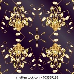 Royal retro on lilac and purple background. Vector illustration. Seamless pattern golden elements. Floral classic texture. Gold template. Design vintage for card, wallpaper, wrapping, textile.