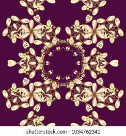 Royal retro on purple, white and brown colors. Design vintage for card, wallpaper, wrapping, textile. Floral classic texture. Gold template. Vector illustration. Seamless pattern golden elements.