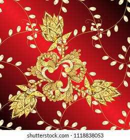 Royal retro on red, brown and yellow colors. Floral classic texture. Vector illustration. Ornamental pattern golden elements. Gold template. Design vintage for card, wallpaper, wrapping, textile.