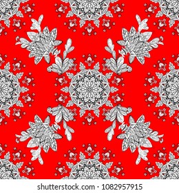 Royal retro on red, white and black colors. Vector illustration. Floral classic texture. Seamless pattern colorful elements. Design vintage for card, wallpaper, wrapping, textile. Colorfil template.