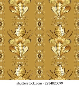 Royal retro on yellow, beige and brown colors. Vector illustration. Floral classic texture. Design vintage for card, wallpaper, wrapping, textile. Seamless pattern golden elements. Gold template.