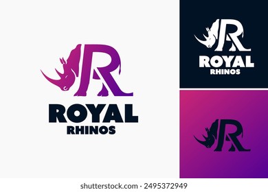 Royal Rhinos Logo: Majestic letter R merges with rhinos, epitomizing regal strength, perfect for luxury brands or wildlife conservation organizations. Layered EPS Vector