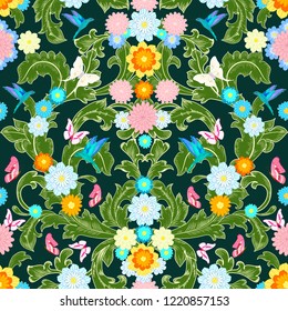 royal rococo floral pattern with butterflies and flowers. seamless background for your design