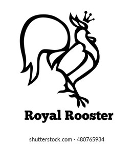 Royal rooster stylized design. Vector rooster drawing on white background wearing crown. Graphic black and white illustration.