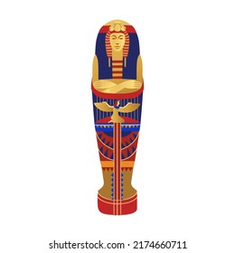 Royal sarcophagus. Golden symbols of ancient Egypt vector illustration. Cartoon Sphynx, Nefertiti, pharaoh statue, monuments, sarcophagus isolated on white