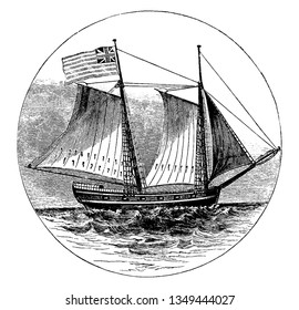 The Royal Savage is a two masted schooner was damaged and sunk by American forces under Richard Montgomery during the siege of St Johns, vintage line drawing or engraving illustration.