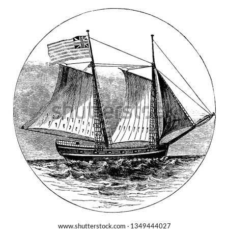The Royal Savage is a two masted schooner was damaged and sunk by American forces under Richard Montgomery during the siege of St Johns, vintage line drawing or engraving illustration.