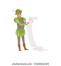 Royal scribe European medieval character holding a scroll vector Illustration on a white background