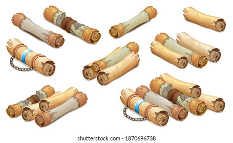 Royal scroll decorated with leather belt and silver elements. Reward message on parchment. Isometric vector illustration for computer games and books design.