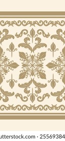 Royal Scroll Ornament Weaves Detailed Embroidery Golden Silk on Light Cream Background. Nature inspired Fleur de lis Cross Florals Leaves Buds Decoration Luxury opulence Border Pattern Seamless Vector