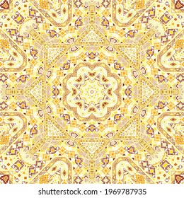 Royal seamless ornament with geometric elements composition. Graphic indian design. Batik print. Small elements texture. Vector patchwork pattern.