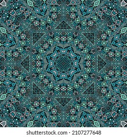 Royal seamless ornament with geometric elements composition. Graphic aztec design. Textile print. Small elements symmetry. Vector patchwork pattern.