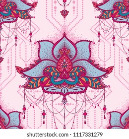 Royal seamless ornament with stylized lotus flowers in oriental style, indian paisley pattern, vector illustration