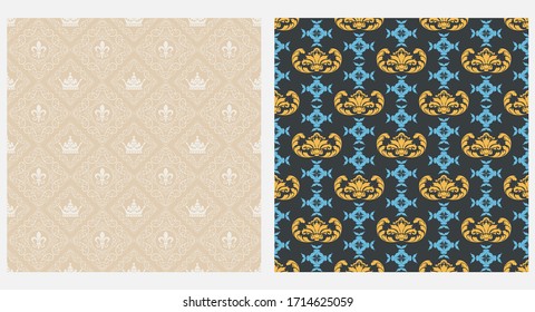 Royal seamless pattern. Black, blue and beige color. Vector graphics.