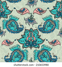 Royal seamless pattern with colorful paisley and floral ornament, vector illustration