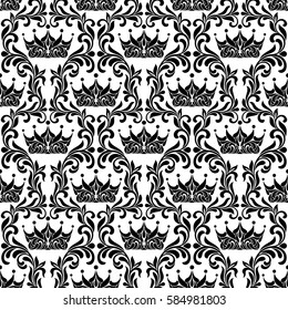 Royal Seamless Pattern. Crown and floral vintage tracery isolated on a white background.