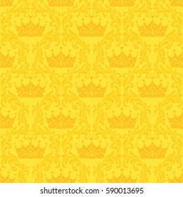 Royal Seamless Pattern. Crown and floral vintage tracery on a yellow background.