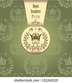Royal seamless pattern with crown wreath leaves or Royal green gold color background for advertising something