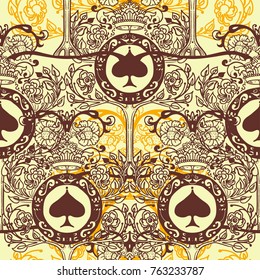 Royal seamless pattern with floral ornament, spades and crowns, vector illustrations