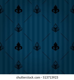 Royal seamless pattern with natural black queenly iris and regal fleur de lys ornament signs in style of fashion on nautical blue striped vignette background with line tile fill out. Curtain design.