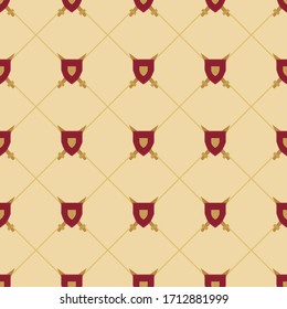 Königliches nahtloses Muster mit roten Schilden, Schwertern und Linien auf goldenem Hintergrund. Mittelalterliche Ornamente für Stoff, Scrapie, Plakate, Bücher. Vektorillustration