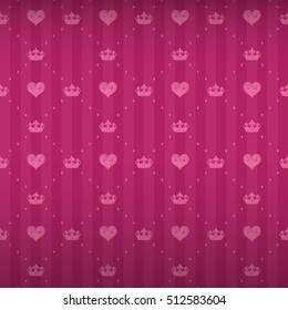 Royal seamless pattern with tender pink crown and heart ornament signs on glamour pink striped background with rhomb frame fill out. Attractive pattern design for all kinds of surfaces.
