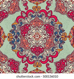 Royal seamless pattern in victorian style, bright boho palette, vector illustration