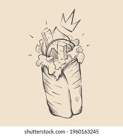 Royal Shawarma roll, eat sketch vector illustration