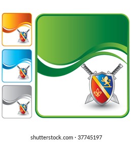 royal shield with crest and lion on green wave backdrop