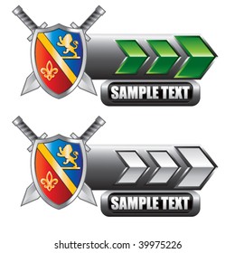 royal shield with crest and lion on green and white arrow nameplate banners