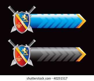 royal shield with crest and lion on blue and black arrows